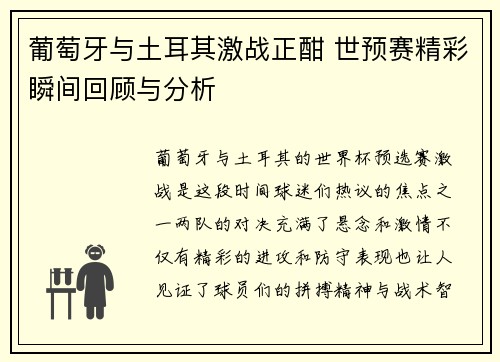 葡萄牙与土耳其激战正酣 世预赛精彩瞬间回顾与分析