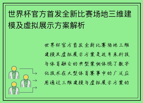 世界杯官方首发全新比赛场地三维建模及虚拟展示方案解析